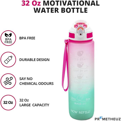 PROMETHEUZ Sports Water Intake Reminder Bottle with Time Marker and Straw, Leakproof Tritan BPA-Free, Fast Flow, Dark Pink Purple Mint, 32 oz