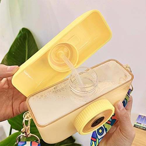 Camera Bottle Travel Cup with Straw Birthday Party Gift Ice Drinking Water Bottle Mug with Strap Picnic (camera yellow, 400 ml)
