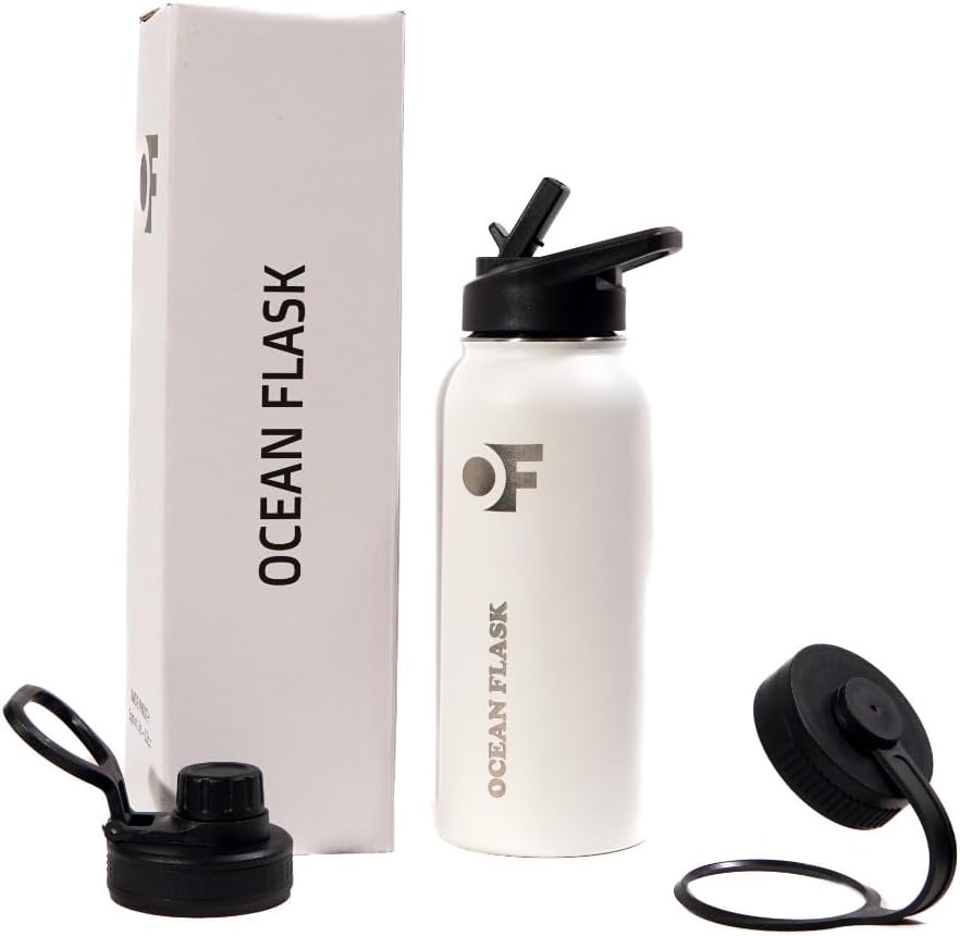 Sports Water Bottle - 32 Oz 3 Lids Straw Lid Leak Proof (Straw, Spout and Handle Lid)- Stainless Steel Sport and Gym, Travel Bottles for Men, Women -Insulated Thermos (Winter White)