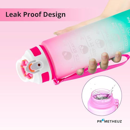 PROMETHEUZ Sports Water Intake Reminder Bottle with Time Marker and Straw, Leakproof Tritan BPA-Free, Fast Flow, Dark Pink Purple Mint, 32 oz
