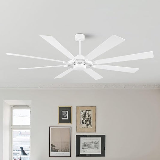80" Ceiling Fan with Lights and Remote Control, Wood 8 Blades 6-Speed Noiseless Reversible DC Motor, 3 Downrods, Modern Large Ceiling fan for Covered Patio Bedroom Living Room Office, White