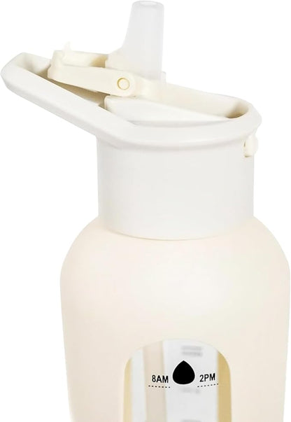 24oz Glass Motivational Water Bottle with Flip Lid Straw, Silicone Protective Sleeve, Handle, Reusable BPA Free (Dune)