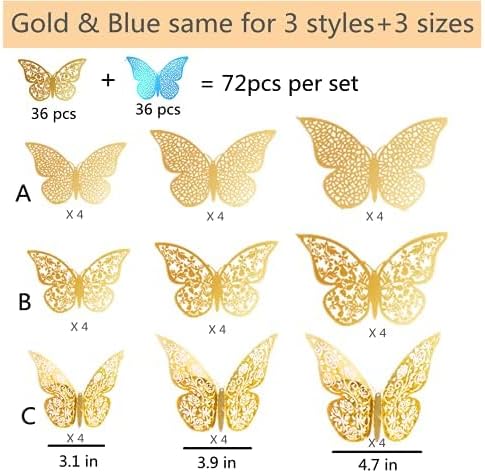72Pcs 3D Butterfly Wall Decor 3 Sizes 3 Styles, Removable Butterfly Stickers Wall Decals, Butterfly Decorations Party Birthday Cake Decoration for Kids Nursery Wedding Bedroom Room(Mix-01)