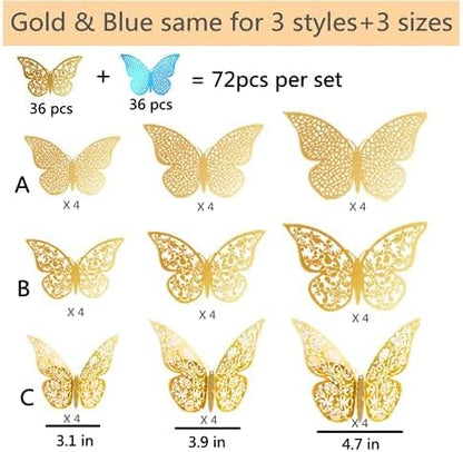 72Pcs 3D Butterfly Wall Decor 3 Sizes 3 Styles, Removable Butterfly Stickers Wall Decals, Butterfly Decorations Party Birthday Cake Decoration for Kids Nursery Wedding Bedroom Room(Mix-01)