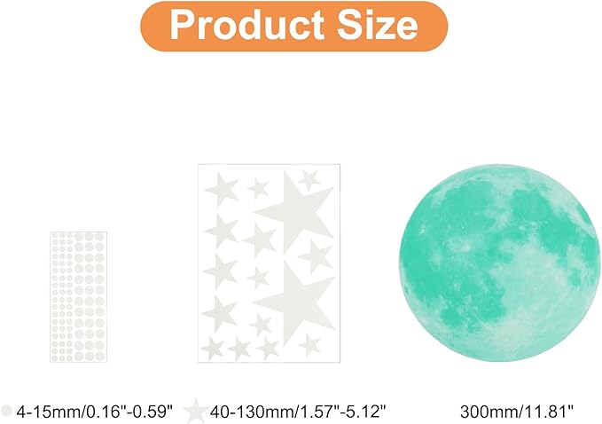 uxcell 1 Set Glow in The Dark Ceiling Star Stickers, Moon and Stars Wall Decals, Glowing Star Decal Decoration for Bedroom, 300mm Cyan Moon