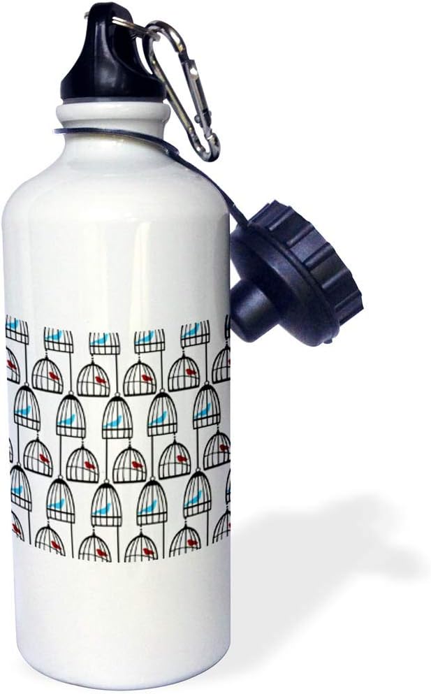 3dRose "Red and Blue Birds and Birds Cages" Sports Water Bottle, 21 oz, White