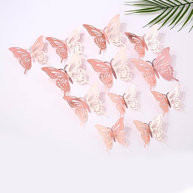 72Pcs 3D Butterfly Wall Decor 3 Sizes 3 Styles, Butterfly Decorations Party Birthday Cake Decoration, Removable Butterfly Wall Stickers for Kids Nursery Wedding Bedroom Room Decor(Rose Gold)