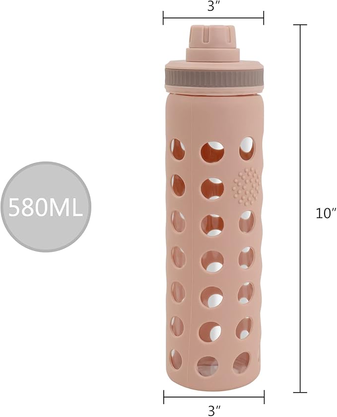 Modern-Depo 20oz Clear Glass Water Bottles Extra Lid Odor Proof and Stain Resistant Wide Mouth Reusable Fitness Sports Bottle with Sleeve, Motivational Water Jug, Khaki