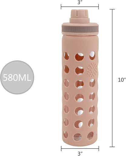 Modern-Depo 20oz Clear Glass Water Bottles Extra Lid Odor Proof and Stain Resistant Wide Mouth Reusable Fitness Sports Bottle with Sleeve, Motivational Water Jug, Khaki