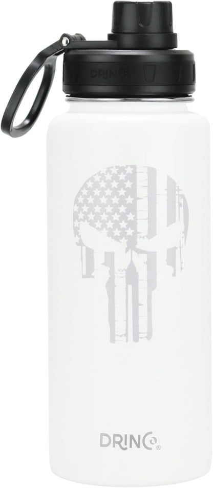 DRINCO Stainless Steel Water Bottle Spout Lid Vacuum Insulated Double Wall Water Bottle USA Flag Military Veteran (32oz Skull Artic White, 32oz)
