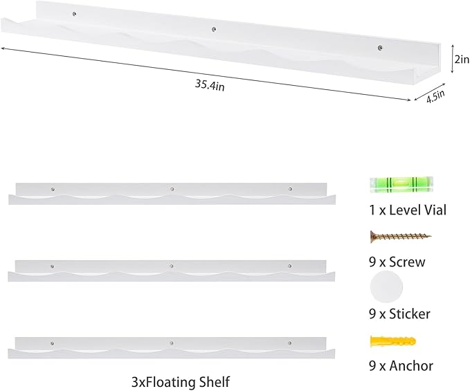 AZSKY Picture Ledge Shelf, 36 Inch Floating Shelves with Lip, Picture Shelves for Wall with Ledge(White)