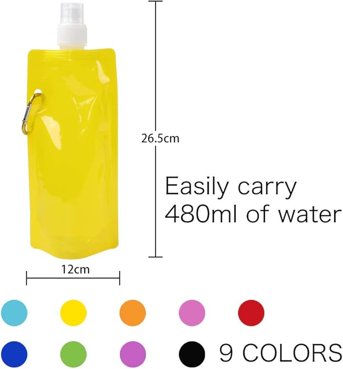 TOMNK Collapsible Water Bottle, 9pcs Reusable Canteen Foldable Drinking Water Bags with Clip for Sports, Biking, Hiking Travel, 9 Colors