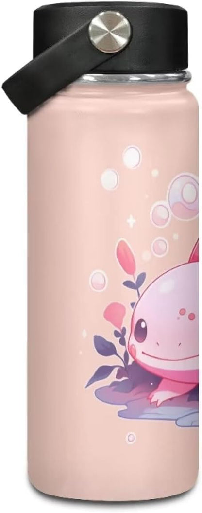 Pink Axolotl Stainless Steel Water Bottle with Handle 18 Oz Vacuum Stainless Steel Reusable Leak & Sweat Proof Gym Sports Travel Water Bottle