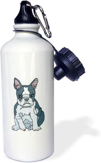 3dRose "Cute and Cuddly Canine French Bulldog Pup" Sports Water Bottle, 21 oz, White