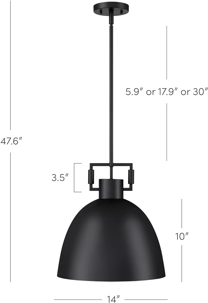 Nathan James Leigh Pendant Lighting, Hanging Ceiling Light with Oversized Metal Shade and Adjustable Cord, for Kitchen Island or Entryway, Matte Black