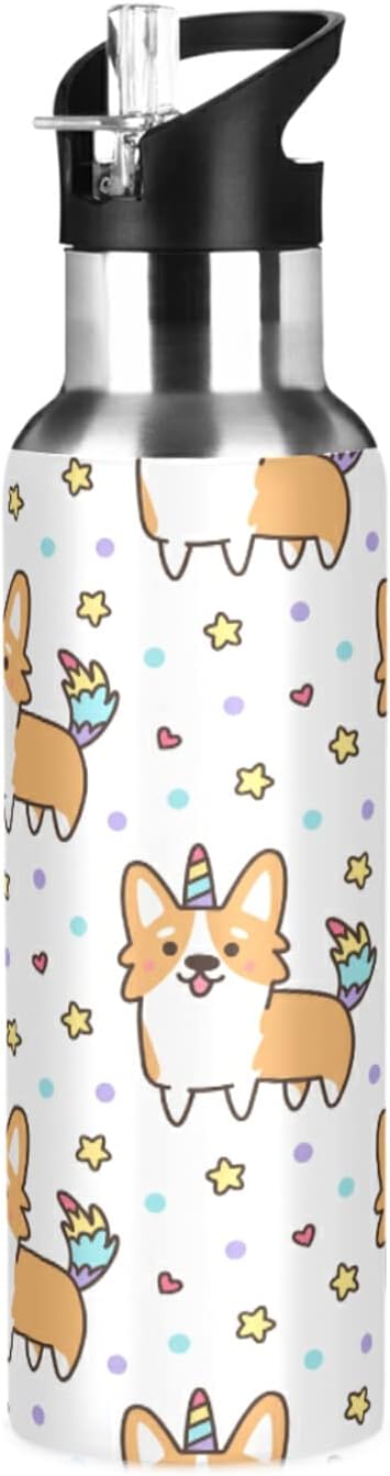 Blueangle 20oz Elsh Corgi Water Bottle, BPA Free Stainless Steel Water Bottle Leak-Proof Sports Bottle for Camping Workouts Gym and Outdoor Activity