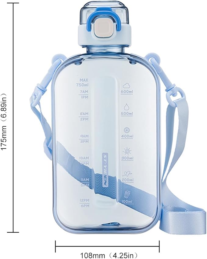 750ML Square Transparent Water Bottle, Cute Sports Water Jug with Adjustable Strap, Portable Motivational Water Bolttles for Travel, Hiking and Outdoor Workouts