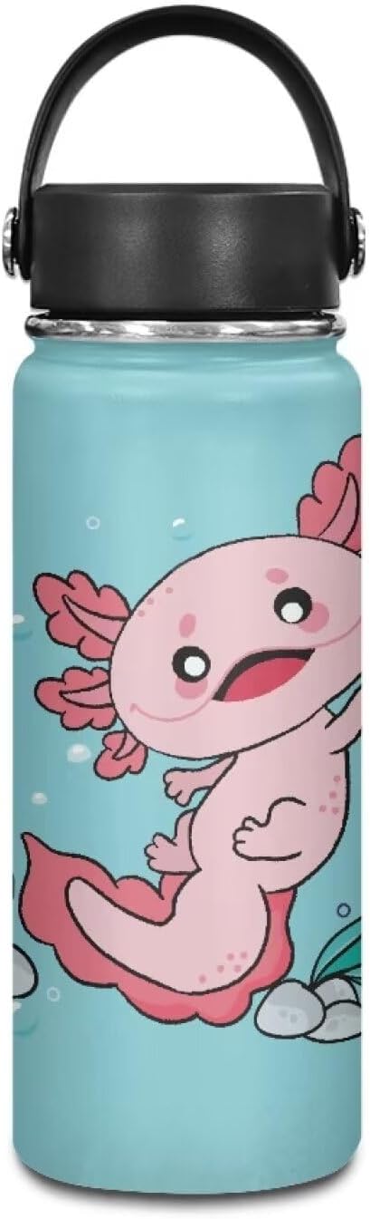 Cute Axolotl Insulated Water Bottle 18 Oz Stainless Steel Bottle with Handle Thermal Mug Sports Water Bottles for Workout, Bike Metal Water Bottle