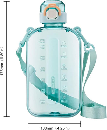750ML Square Transparent Water Bottle, Cute Sports Water Jug with Adjustable Strap, Portable Motivational Water Bolttles for Travel, Hiking and Outdoor Workouts