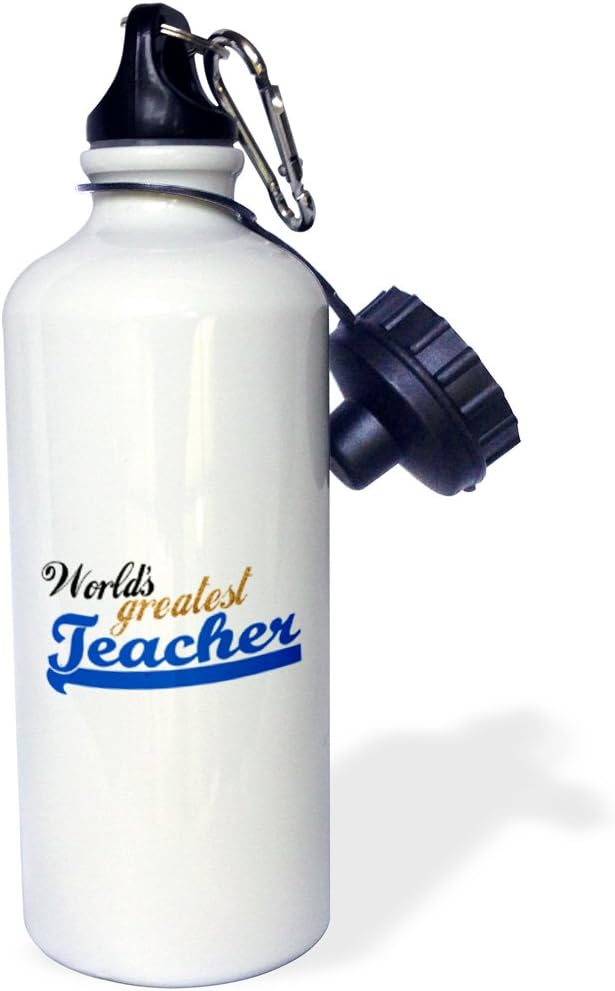 3dRose "Worlds Greatest Teacher blue and gold text-unisex or for males-School Teacher appreciation gifts" Sports Water Bottle, 21 oz, White