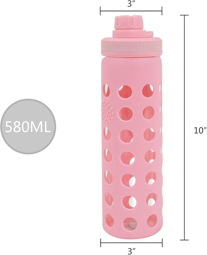 Modern-Depo 20oz Clear Glass Water Bottles Extra Lid Odor Proof and Stain Resistant Wide Mouth Reusable Fitness Sports Bottle with Sleeve, Motivational Water Jug, Pink