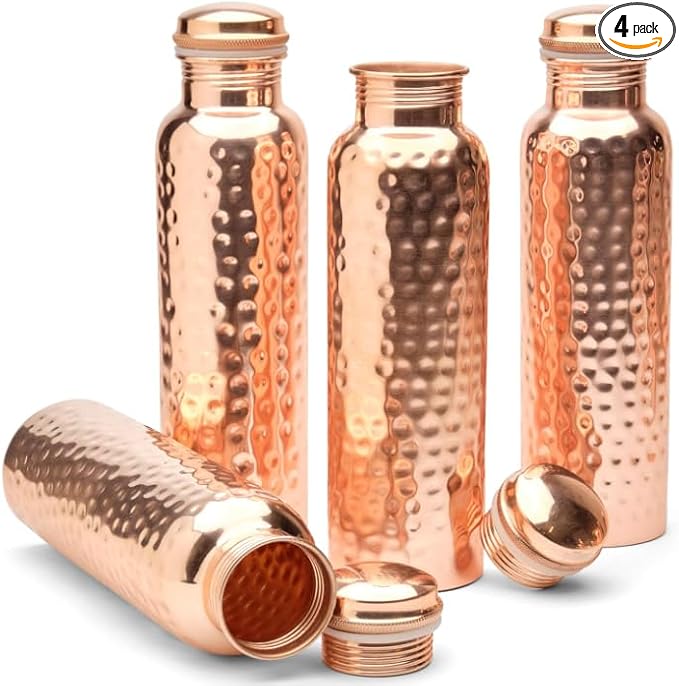 Pure Copper Water Bottle, Hammered Seamless, UNLINED, UNCOATED and LACQURED-FREE, 1000 Ml (33.81 Fl Oz) Capacity For Ayurveda Health Benefits Set of 4, Rose Gold