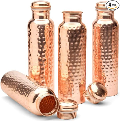 Pure Copper Water Bottle, Hammered Seamless, UNLINED, UNCOATED and LACQURED-FREE, 1000 Ml (33.81 Fl Oz) Capacity For Ayurveda Health Benefits Set of 4, Rose Gold