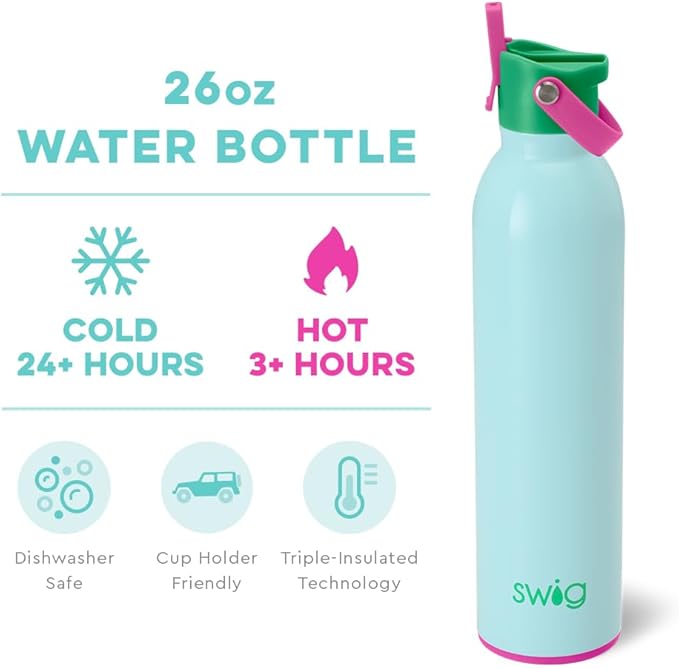 Swig Life 26oz Insulated Water Bottle with Straw & Flip + Sip Handle | Leak Proof, Dishwasher Safe, Cup Holder Friendly, Stainless Steel Water Bottle in Prep Rally