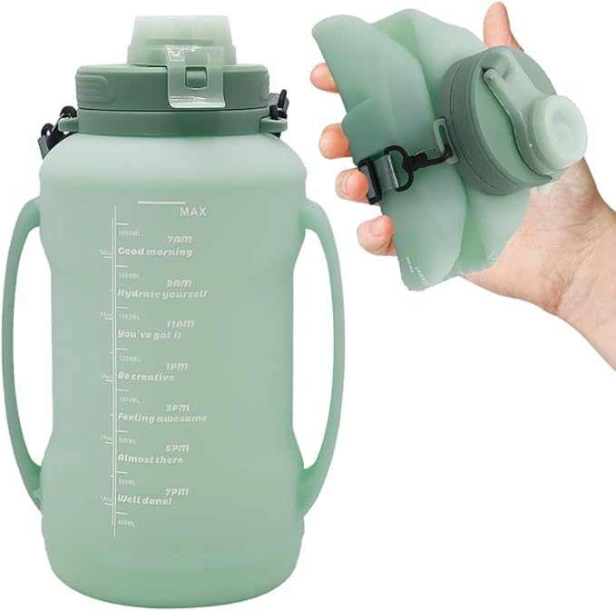 64oz Foldable Silicone Water Cups with Straw, BPA Free, for Outdoor Sports Water Bottle (Green)