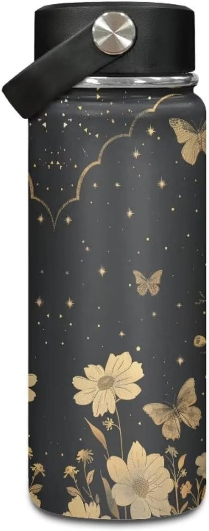Moon Butterfly Insulated Water Bottle 20 Oz Stainless Steel Leak Proof Vacuum Easy to Clean Lightweight Keeps Cold and Hot Great for Travel Hiking Biking Running
