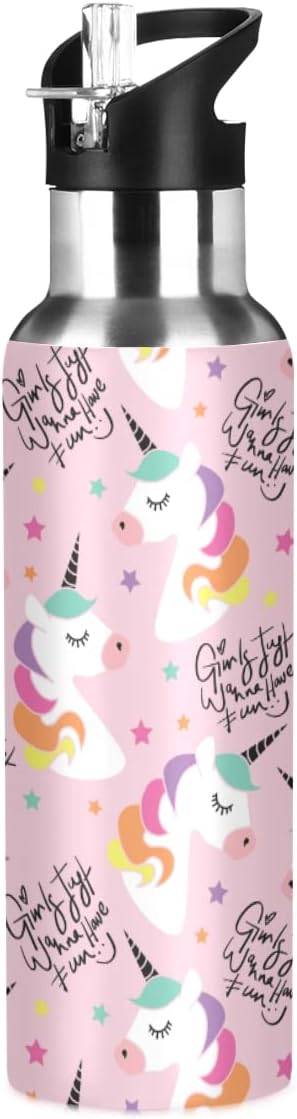 MNSRUU Insulated Water Bottle with Straw, Rainbow and Unicorns Stainless Steel Flasks for Sports Cycling Hiking School