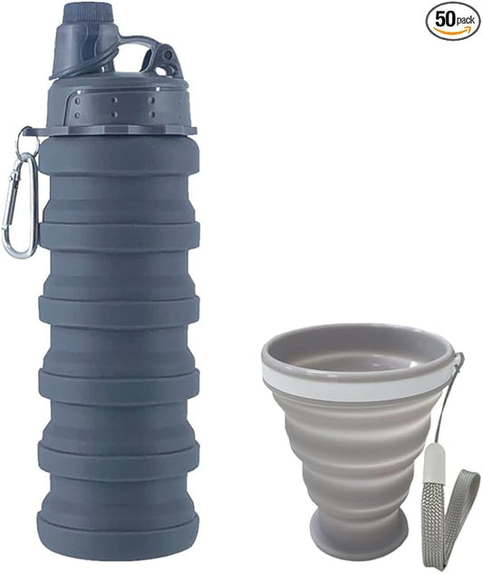 Collapsible Water Bottles 500 ml with silicone collapsible cup 200 ml.Travel Water Bottle Portable Hiking Water Bottle Reusable BPA Free Silicone Water Bottles.(Black+Grey)
