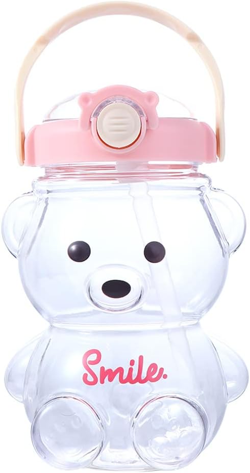 Vctitil Large Capacity Straw Water Cup Cute Bear Belly Cup Outdoor Sports Bottle 1000ml Plastic Water Cup(pink)