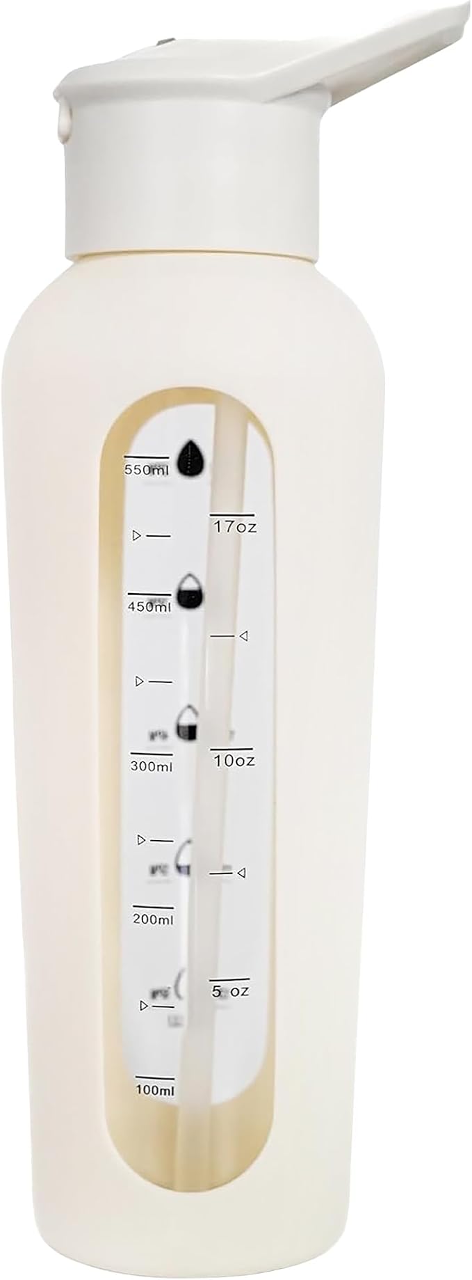 24oz Glass Motivational Water Bottle with Flip Lid Straw, Silicone Protective Sleeve, Handle, Reusable BPA Free (Dune)