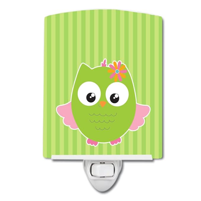 Caroline's Treasures BB9117CNL Owl and Green Stripes Ceramic Night Light Compact, UL-Certified, Ideal for Bedroom, Bathroom, Nursery, Hallway, Kitchen, 6x4x3, Multicolor