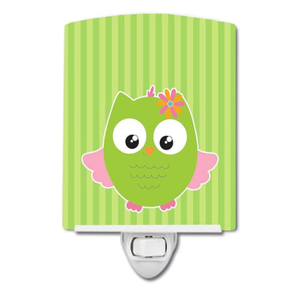 Caroline's Treasures BB9117CNL Owl and Green Stripes Ceramic Night Light Compact, UL-Certified, Ideal for Bedroom, Bathroom, Nursery, Hallway, Kitchen, 6x4x3, Multicolor