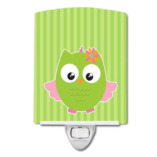 Caroline's Treasures BB9117CNL Owl and Green Stripes Ceramic Night Light Compact, UL-Certified, Ideal for Bedroom, Bathroom, Nursery, Hallway, Kitchen, 6x4x3, Multicolor
