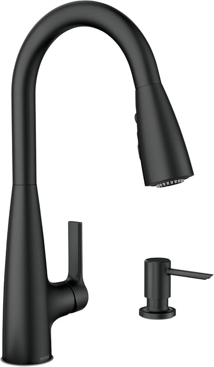 Moen Haelyn Matte Black Single-Handle Pull-Down Sprayer Kitchen Faucet Featuring Power Boost for a Faster Clean, Soap Dispenser Included, 87627BL