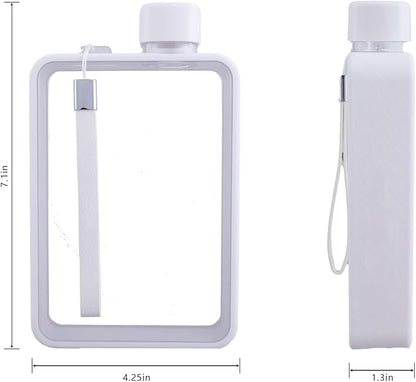 Flat Water Bottle, Portable A5 Water Bottle, 13oz Flat Travel Flask for Camping Fitness Gym (White)