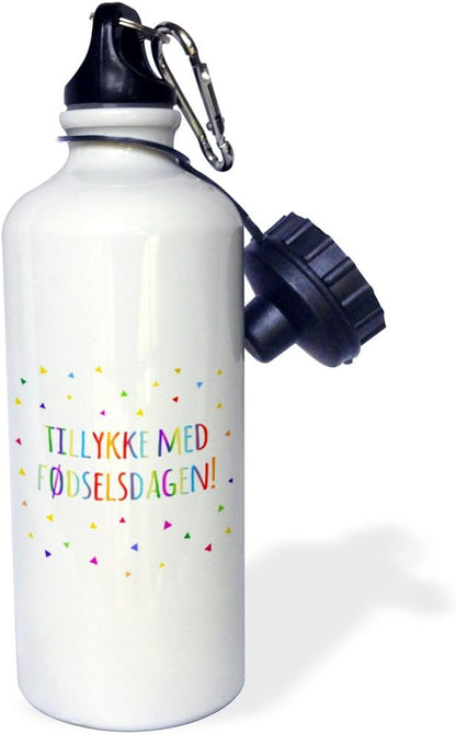 3dRose Tillykke med fodselsdagen-Happy Birthday in Danish. Colorful Denmark-Sports Water Bottle, 21oz , 21 oz, Multicolored