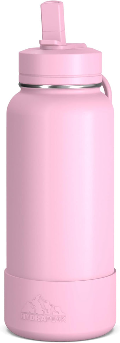 Hydrapeak 32oz Sport Insulated Water Bottle with Straw or Chug Lid, Leak & Spill Proof, Keeps Drinks Cold for 24 Hours, Hot for 12 Hours, Premium Stainless Steel Water Bottles (32oz, Pink)