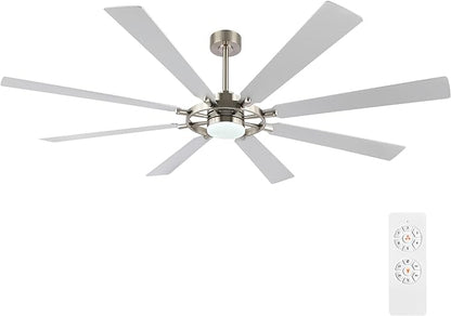 80" Ceiling Fan with Lights and Remote Control, Wood 8 Blades 6-Speed Noiseless Reversible DC Motor, 3 Downrods, Modern Large Ceiling Fan for Bedroom Dining Living Room, Nickel Finish+Silver