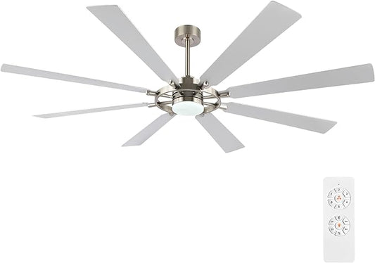 80" Ceiling Fan with Lights and Remote Control, Wood 8 Blades 6-Speed Noiseless Reversible DC Motor, 3 Downrods, Modern Large Ceiling Fan for Bedroom Dining Living Room, Nickel Finish+Silver