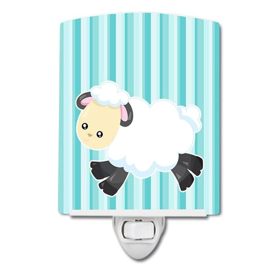 Caroline's Treasures BB6873CNL Sheep on Blue Stripes Ceramic Night Light Compact, UL-Certified, Ideal for Bedroom, Bathroom, Nursery, Hallway, Kitchen, 6x4x3, Multicolor