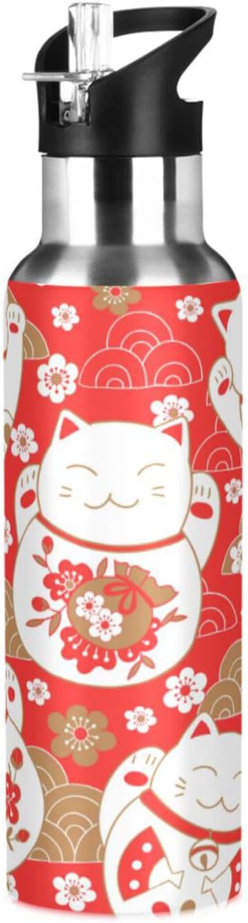 ALAZA Lucky Cat Maneki Neko Red Water Bottle With Straw Lids Boys Girls,Vacuum Insulated Leakproof Stainless-Steel Sports Bottle Thermal Flask For Gym Yoga Camping,20Oz (600Ml)