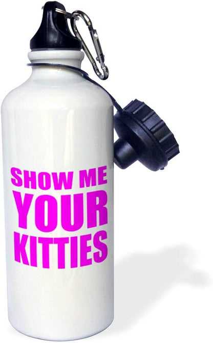 3dRose "Show me your kitties, Hot Pink" Sports Water Bottle, 21 oz, White