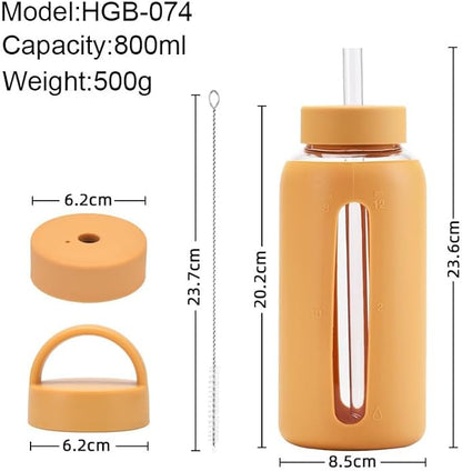 27 Oz Hydration Bottle,Minimalist Glass Water Bottle With Silicone Sleeve,Wide Mouth Opening With 2 Lids,Train Straws,Gift for Kids/Adults,Sport Glass Water Bottle for Gym/Yoga/Outdoor (Yellow, 27 oz)