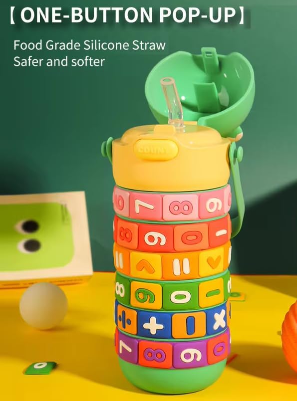 Numbers and Maths Symbols Design Kids' Water Bottle with Straw for School or Travel; 15oz (430ml) Stainless Steel water Bottle; Portable Handle with Detachable Buckle (Pink), CZMX-30031