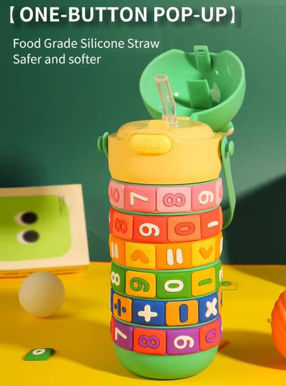 Numbers and Maths Symbols Design Kids' Water Bottle with Straw for School or Travel; 15oz (430ml) Stainless Steel water Bottle; Portable Handle with Detachable Buckle (Pink), CZMX-30031