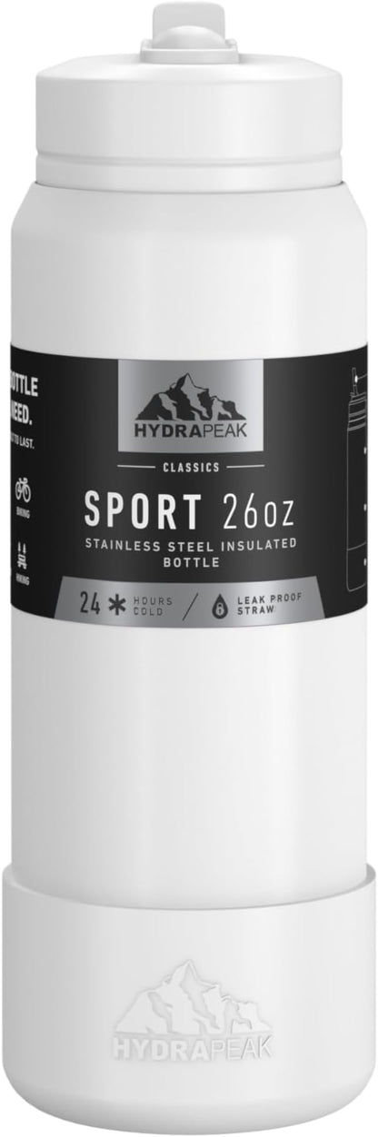 Hydrapeak 26oz Sport Insulated Water Bottle with Straw or Chug Lid, Leak & Spill Proof, Keeps Drinks Cold for 24 Hours, Hot for 12 Hours, Premium Stainless Steel Water Bottles (26oz, White)